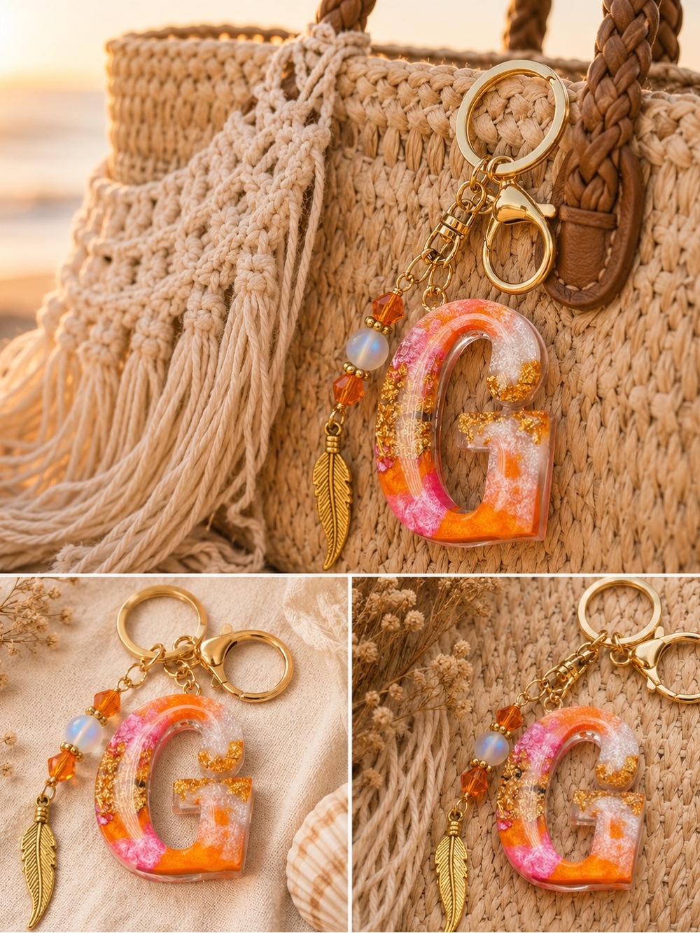 Custom Orange And Pink Initial Letter “G” Keychain with Gold Accents